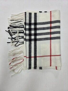 Cashmere feel off white black plaid scarf with tassles Like New!